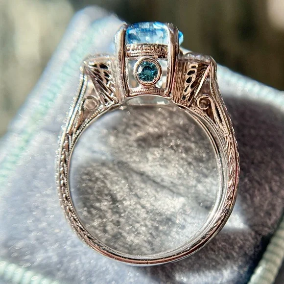 2.55 ctw Old European Cut Blue Lab and Natural Diamond Wedding Set - Picture 5 of 17